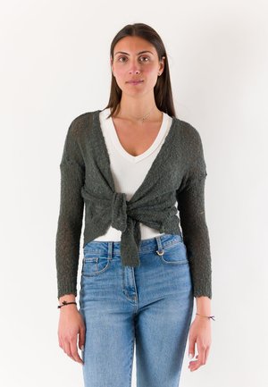 Donna con lunghi capelli castani che indossa una maglia bianca a scollo a V, un cardigan lavorato a maglia grigio scuro annodato in vita, jeans blu, in piedi su sfondo bianco.