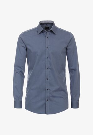 Koszula z guzikami w ciemnoniebieskim kolorze, z klasycznym kołnierzykiem, długimi rękawami, czarnymi guzikami oraz kontrastującą fakturą wewnętrznego kołnierzyka.