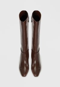 Bottes montantes en simili cuir serpent marron avec un design à bout pointu, dotées d'une texture lisse et d'une fermeture zippée latérale pour un accès facile.