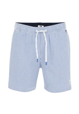 Blå och vita randiga badshorts med dragsko i midjan, med en mjuk textur och en liten logotyp längst ner till höger.