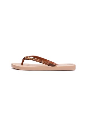 Brown flip-flop sandals with embossed texturing on a beige sole, featuring a decorative patterned strap and minimalist design.