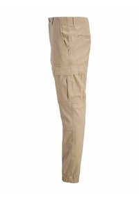 Bézs színű rakományos nadrág oldalsó fedeles zsebbel, elülső ferde zsebbel, hátsó beszegelt zsebbel, elasztikus bokarész és gombos derékrész.