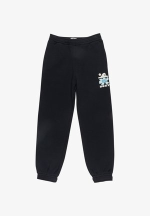 Čierne tepláky vyrobené z bavlneného zloženia. Majú elastický pás a manžety. Na ľavom stehne sa nachádza biele a modré logo.