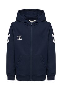 Mörkblå huvtröja med hel dragkedja, framfickor, vitt hummel-logotyp på bröstet och vita chevronränder på ärmarna.