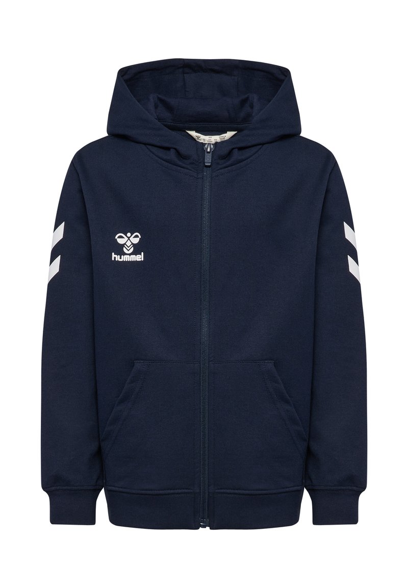 Mörkblå huvtröja med hel dragkedja, framfickor, vitt hummel-logotyp på bröstet och vita chevronränder på ärmarna.