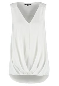 Blusa bianca senza maniche con scollatura a V, fronte drappeggiato e orlo arrotondato. Realizzata in tessuto morbido con una texture liscia. Presenta dettagli plissettati.