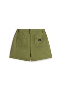 Green cotton shorts with two back pockets, button accents, and a small branded label. Features a smooth texture and tailored design.