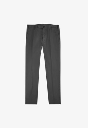 Pantaloni in cotone grigio misto con una texture liscia, taglio dritto e passanti per cintura. Presentano tasche laterali e chiusura con bottone.