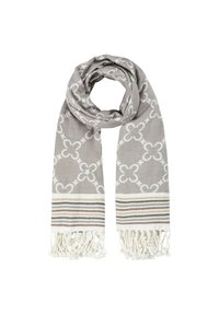 Grijze sjaal met een bloemenpatroon, franjes aan de uiteinden en gestreepte accenten in witte en beige tinten, gemaakt van een zachte geweven stof.