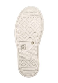 Biała gumowa podeszwa buta z geometrycznym wzorem, teksturowanymi wypustkami i oznaczeniem rozmiaru 38. Zawiera różne symbole dotyczące pielęgnacji.