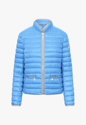 Light blue quilted jacket with high collar, silver zipper closure, and two front zippered pockets, shown against a white background.