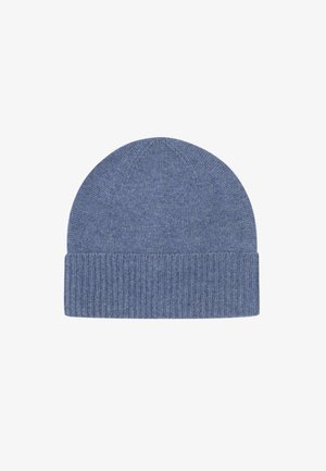 Gehaakte blauwe beanie, met een geribbelde manchet en een gladde, zachte textuur. Ronde bovenkant met een naadloos ontwerp.
