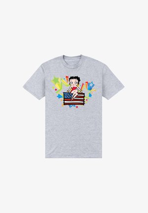 Szara bawełniana koszulka z kolorową grafiką kreskówkowego bohatera na tle amerykańskiej flagi, otoczona gwiazdami i wybuchami.