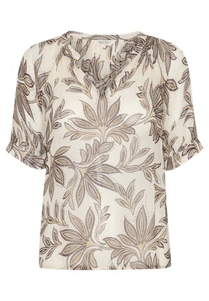 Világos krémszínű blúz rövid ujjakkal és V-nyakkal. Barna és arany növényi minta díszíti, enyhén texturált anyagból készült.