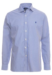 Camicia a maniche lunghe a righe blu e bianche, con bottoni sul davanti, colletto e piccola logo sul petto; realizzata in tessuto di cotone leggero.