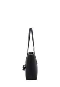 Black tote bag with a textured surface, tapered shape, and long handles. Features a decorative charm on the side and a zippered compartment at the top.