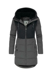 Lungo cappotto invernale grigio con cappuccio, dotato di una parte superiore in fleece nera, chiusura con zip, tasche frontali e coulisse regolabile sul cappuccio.