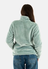 Sudadera de fleece en verde menta claro con una superficie texturizada y cuello alto. Presenta mangas largas y un corte relajado.