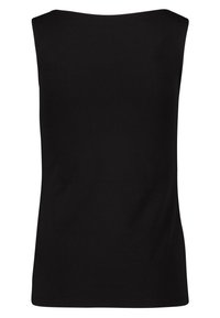 Top senza maniche nero realizzato in tessuto morbido, con un taglio dritto e scollo rotondo, caratterizzato da una consistenza liscia e senza motivi visibili.