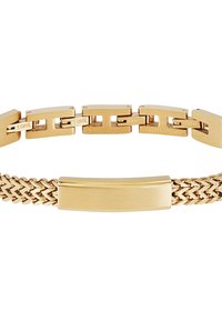 Armbandet i guldtonad metall har sammanlänkade länkar, en slät centralplatta och en texturerad flätad sektion. Polerad yta genomgående.