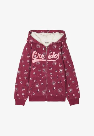 Sudadera con cremallera en color marrón burdeos, con un patrón floral, suave forro blanco y bolsillos delanteros. Presenta el texto impreso "Creeks" en color rosa en el pecho.