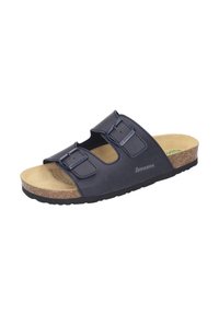 Navy blue slide sandal with two adjustable buckles, cork footbed, and textured rubber sole. Features a minimalistic design and soft material.