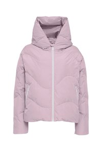 Light pink puffer jacket with a high collar and hood. Features zippered front and side pockets. Textured design with curved seams.