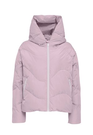 Helle rosa Pufferjacke mit hohem Kragen und Kapuze. Ausgestattet mit einem Reißverschluss vorne und Seitentaschen. Texturiertes Design mit geschwungenen Nähten.