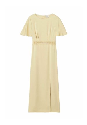 Robe midi jaune pâle avec manches courtes volantées, encolure ronde, détail en dentelle à la taille et fente latérale.