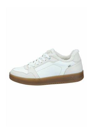 Weiße Leder-Sneaker mit einer strukturierten Gummisohle, Schnürdesign und einem kuscheligen Fellfutter am Kragen für zusätzliche Wärme.