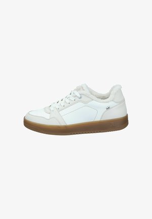 White leather sneaker with a textured gum rubber sole, lace-up design, and cozy fur lining along the collar for added warmth.