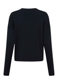 Schwarzer, gerippter Pullover mit langen Ärmeln und rundem Ausschnitt. Verfügt über eine strukturierte Oberfläche und ein verkürztes Design. Keine sichtbaren Beschläge.