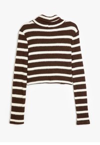 Gestreifter braun-weißer, verkürzter Pullover, gerippte Textur, figurbetonter Rollkragen, lange Ärmel und kontrastierendes Band am Handgelenk.