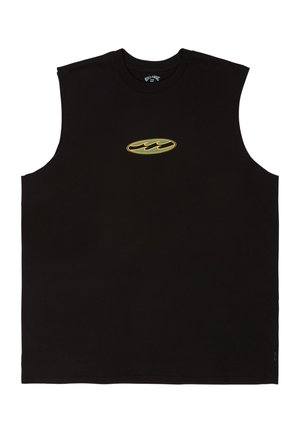 Zwart mouwloos shirt met een klein ovaal geel-groen golflogo in het midden van de borst.