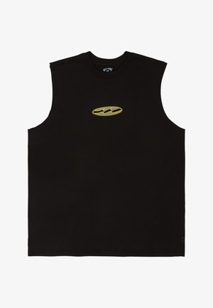 Μαύρο αμάνικο πουκάμισο με μικρό οβάλ κίτρινο και πράσινο λογότυπο κύμα στο κέντρο του στήθους.