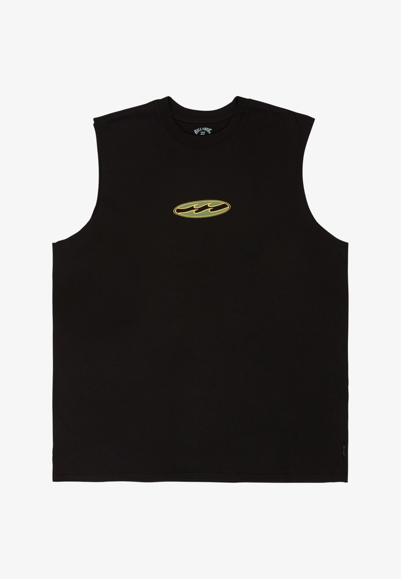 Μαύρο αμάνικο πουκάμισο με μικρό οβάλ κίτρινο και πράσινο λογότυπο κύμα στο κέντρο του στήθους.