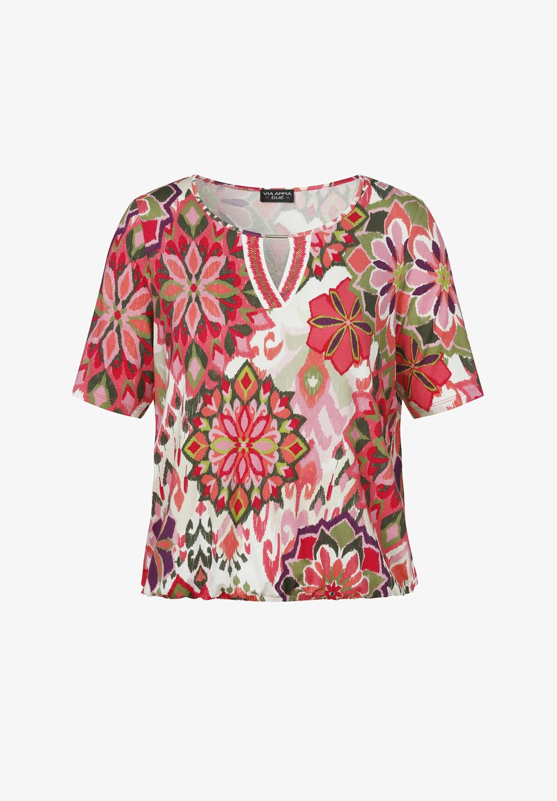 Short-sleeve top featuring a colorful floral pattern in red, pink, green, and white, with a round neckline and slightly loose fit.