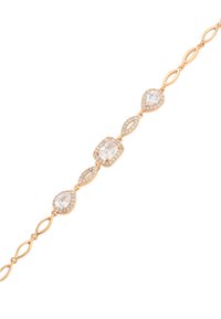 Bracciale in oro rosa con pietre in zirconia cubica a forma di pera, ovale e rettangolare alternate, impreziosito da piccoli cristalli trasparenti lungo i bordi.