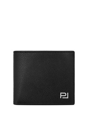 Czarny portfel z teksturowanej skóry z srebrnym logo PJ w prawym dolnym rogu, pokazany zamknięty na białym tle.
