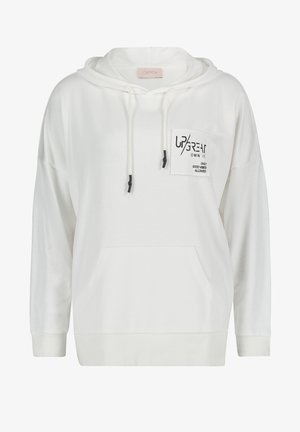 White hoodie with front pocket and drawstrings, featuring a chest patch that reads "UPGREAT OWN IT. ONLY GOOD VIBES ALLOWED."