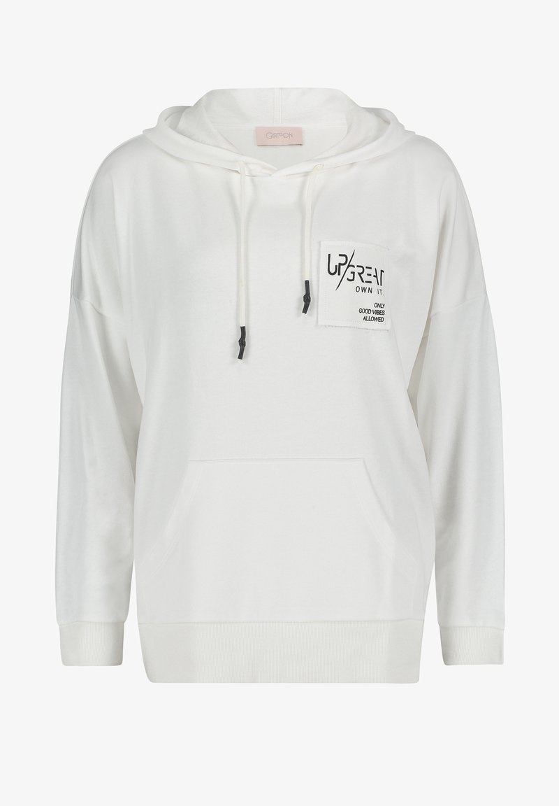 Sweat à capuche blanc avec poche avant et cordons de serrage, arborant un patch poitrine portant l'inscription "UPGREAT OWN IT. ONLY GOOD VIBES ALLOWED."