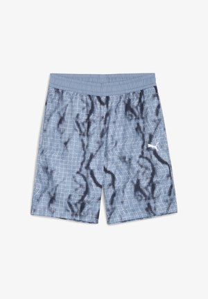 Modré šortky s mriežkovaným a vlnitým čiernym vzorom, elastický pás a malé biele logo na pravej dolnej strane. Ľahký materiál.