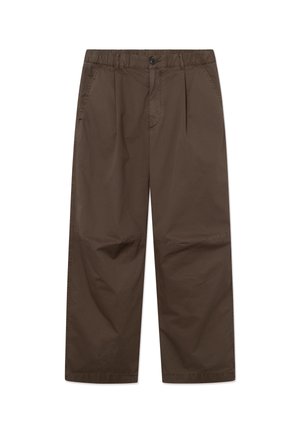Bruine loszittende broek met een elastische tailleband, knoopsluiting, zijzakken en brede rechte pijpen.
