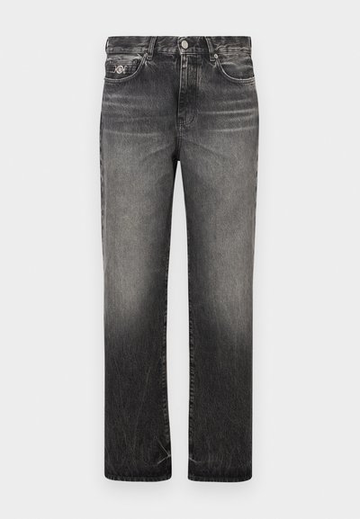 Faded black denim jeans with a straight leg design, five pockets, and visible stitching details. Features a button and zipper closure.