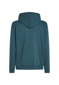 Sudadera con capucha en color teal, con un tejido texturizado, puños y dobladillo de canalé. La vista trasera muestra una superficie suave y una costura central en la capucha.