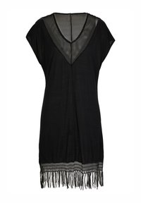 Tunic nera con scollatura a V e dettagli in rete, maniche corte e decorazioni a frange sull'orlo. Realizzata in tessuto morbido e leggero.