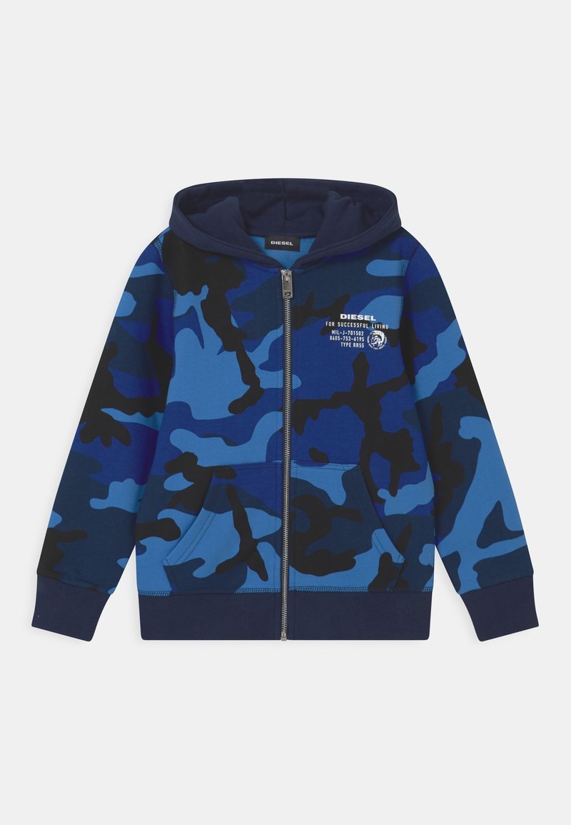 Sweat à capuche zippé camouflage bleu et noir avec poches avant et logo Diesel blanc ainsi que texte sur le côté gauche de la poitrine, doté d'une capuche et de poignets côtelés.
