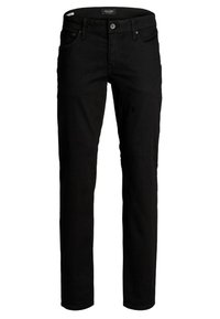 Jeans de mezclilla negra con un corte recto. Presentan una cinturilla clásica con trabillas, bolsillos frontales y un bolsillo trasero tipo parche. Textura suave.