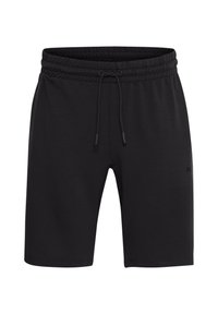 Schwarze Sportshorts aus weichem Stoff, mit einem elastischen Bund und Kordelzug, sowie einem schlichten Design ohne Muster oder Akzente.