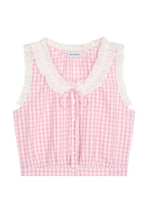 Blouse sans manches en vichy rose et blanc avec bordure volantée en dentelle blanche ajourée sur le col et les manches, boutons à l'avant et petit nœud au cou.